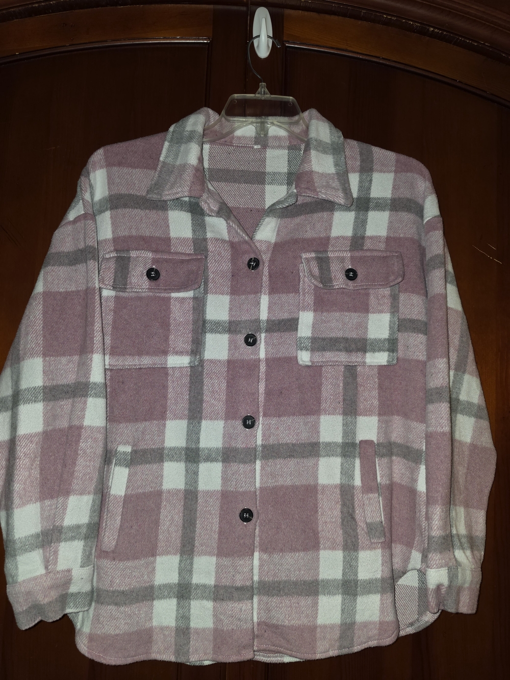 Women's Plaid Button-Down Shacket in Mauve Pink and White